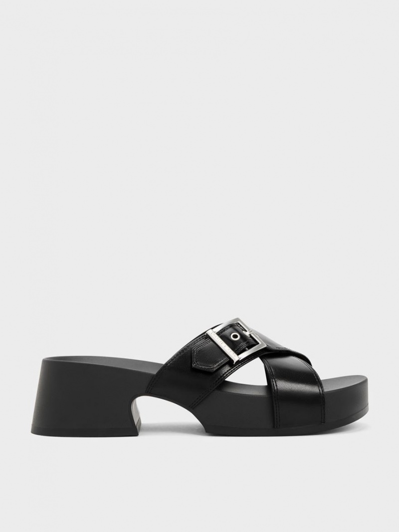 Charles & Keith Buckled Crossover Platåsandaler Svarte | DRYQN5028