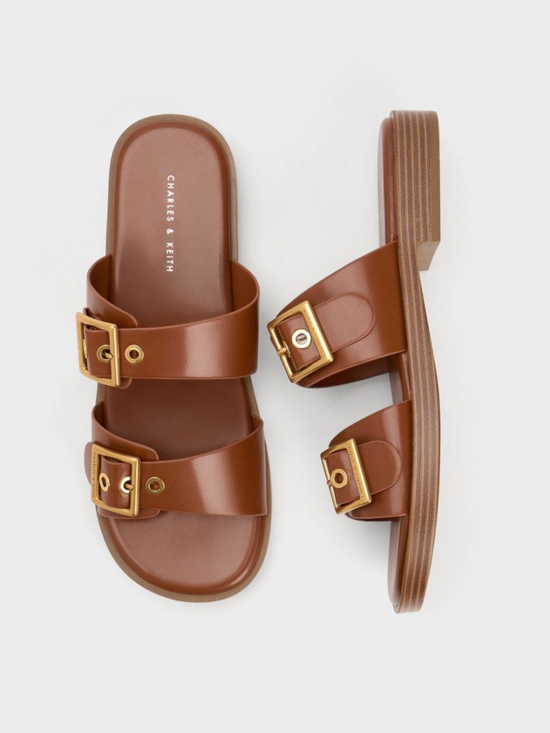 Charles & Keith Buckled Double Reima Slidesandaler Brune | ABDXL4907