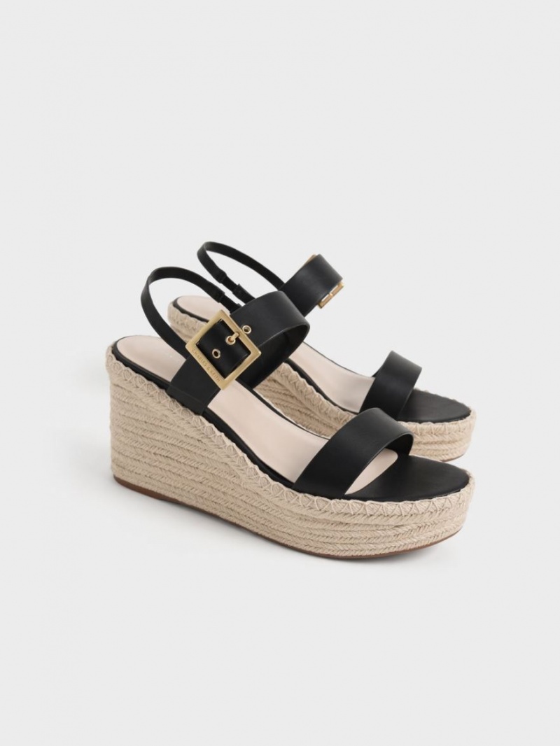 Charles & Keith Buckled Espadrille Wedge Svarte | VDMHJ6413