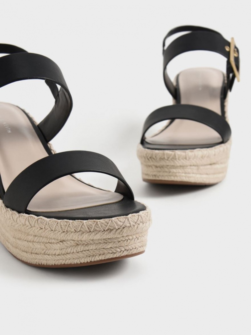 Charles & Keith Buckled Espadrille Wedge Svarte | VDMHJ6413