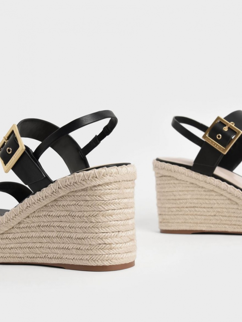 Charles & Keith Buckled Espadrille Wedge Svarte | VDMHJ6413