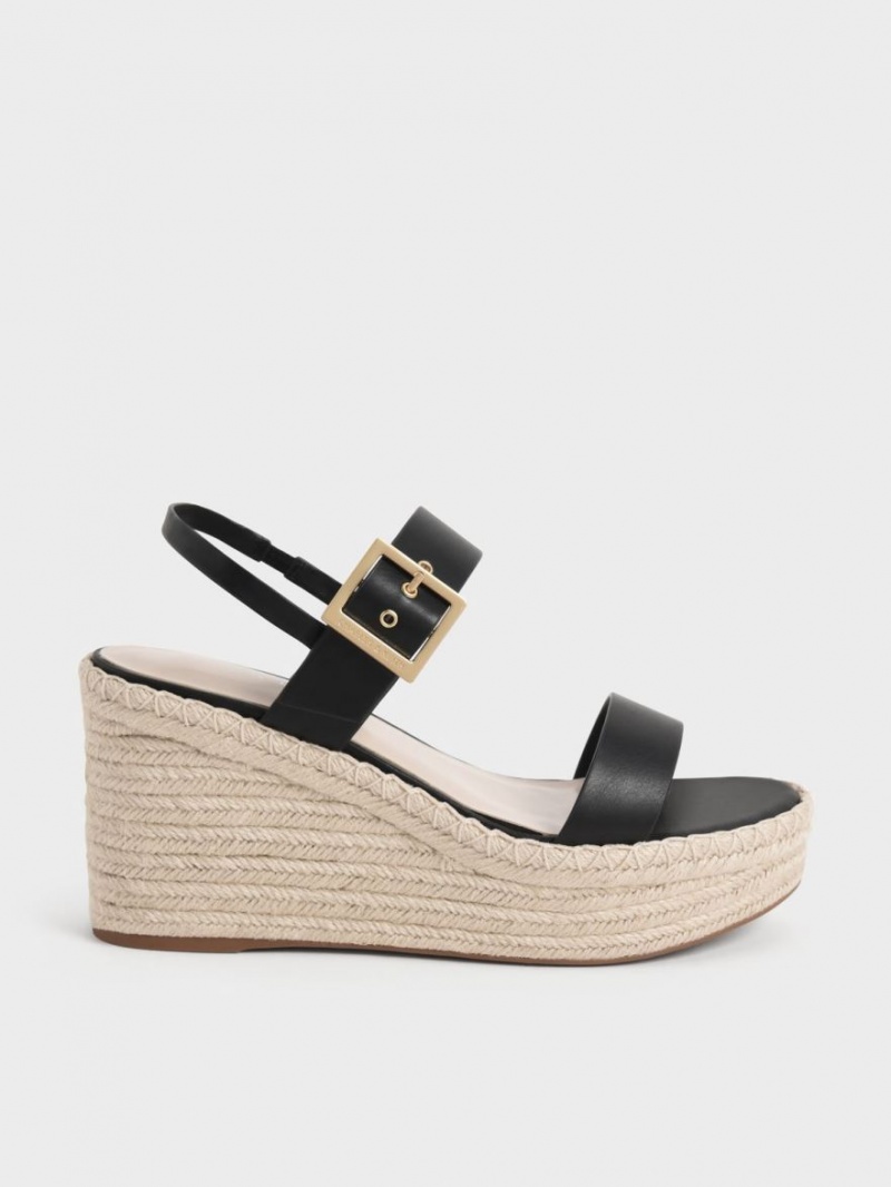 Charles & Keith Buckled Espadrille Wedge Svarte | VDMHJ6413