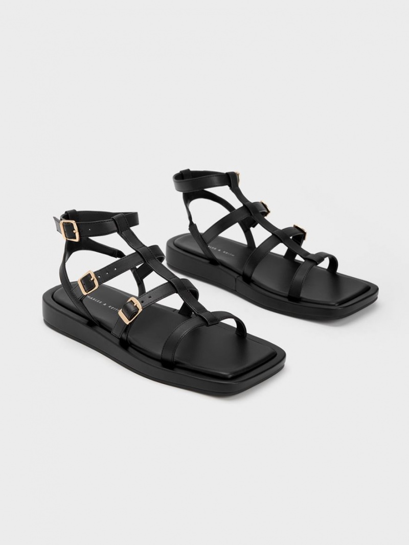 Charles & Keith Buckled Gladiator Flate Sandaler Svarte | RISAH2391