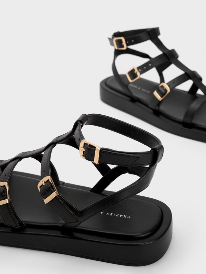 Charles & Keith Buckled Gladiator Flate Sandaler Svarte | RISAH2391