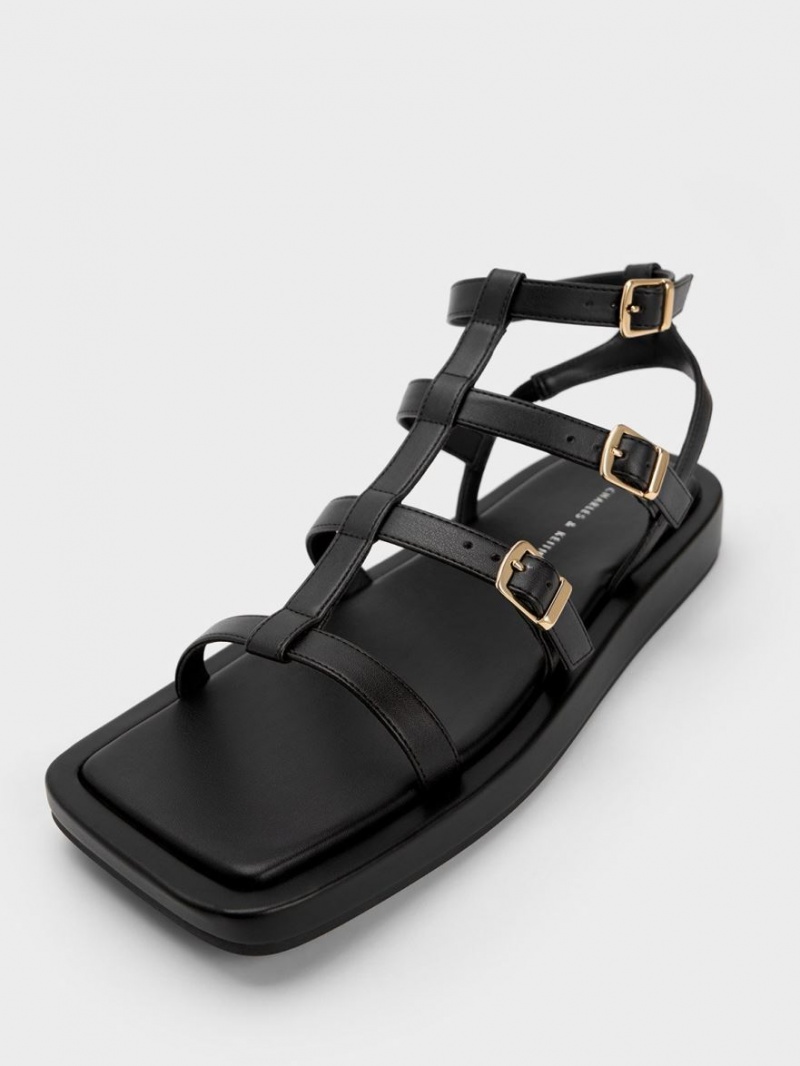 Charles & Keith Buckled Gladiator Flate Sandaler Svarte | RISAH2391