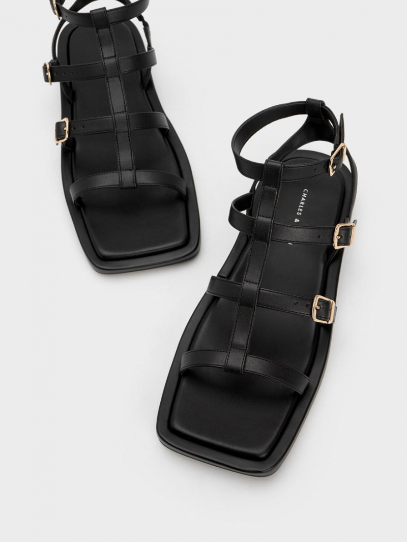 Charles & Keith Buckled Gladiator Flate Sandaler Svarte | RISAH2391