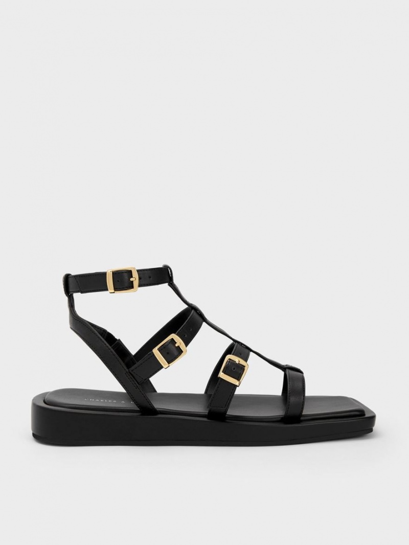 Charles & Keith Buckled Gladiator Flate Sandaler Svarte | RISAH2391