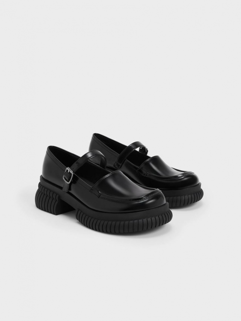 Charles & Keith Buckled Mary Jane Loafers Svarte | LJPBI8563