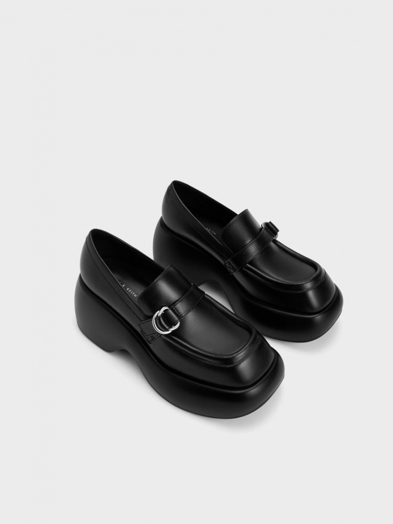 Charles & Keith Buckled Platform Penny Loafers Svarte | LBTIC8750