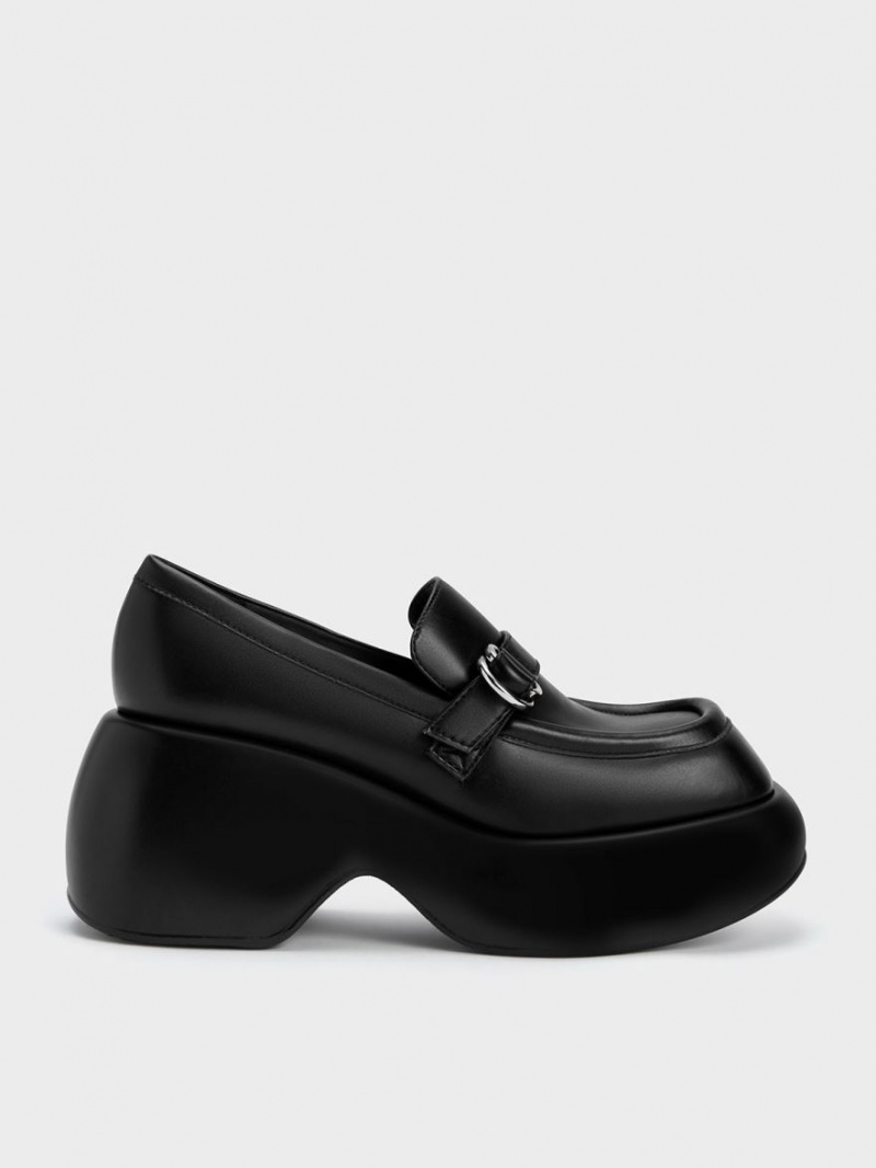 Charles & Keith Buckled Platform Penny Loafers Svarte | LBTIC8750