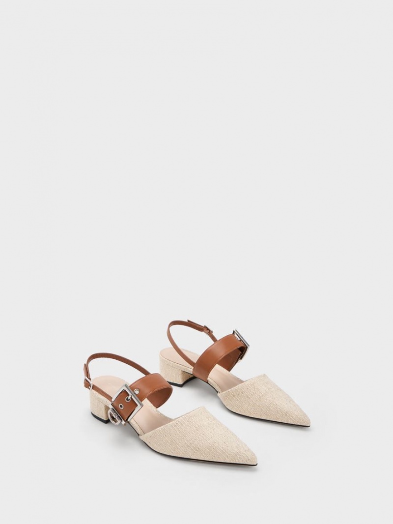 Charles & Keith Buckled Reima Linen Slingback Pumps Beige | XJMOF3074