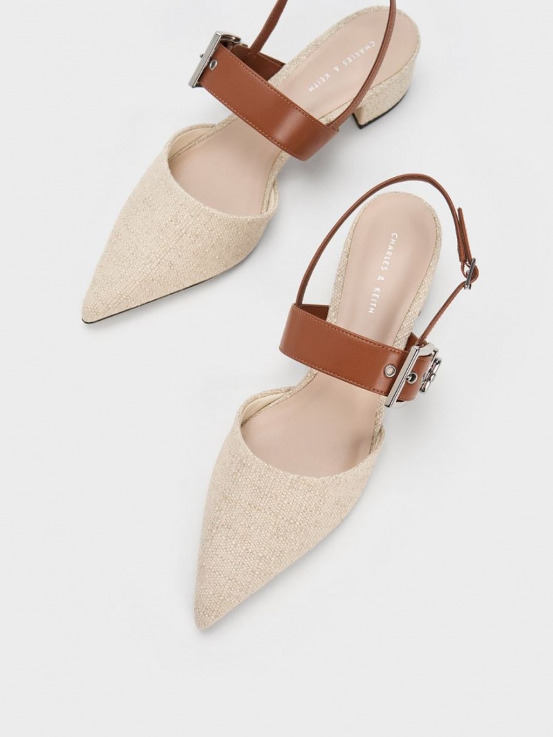 Charles & Keith Buckled Reima Linen Slingback Pumps Beige | XJMOF3074