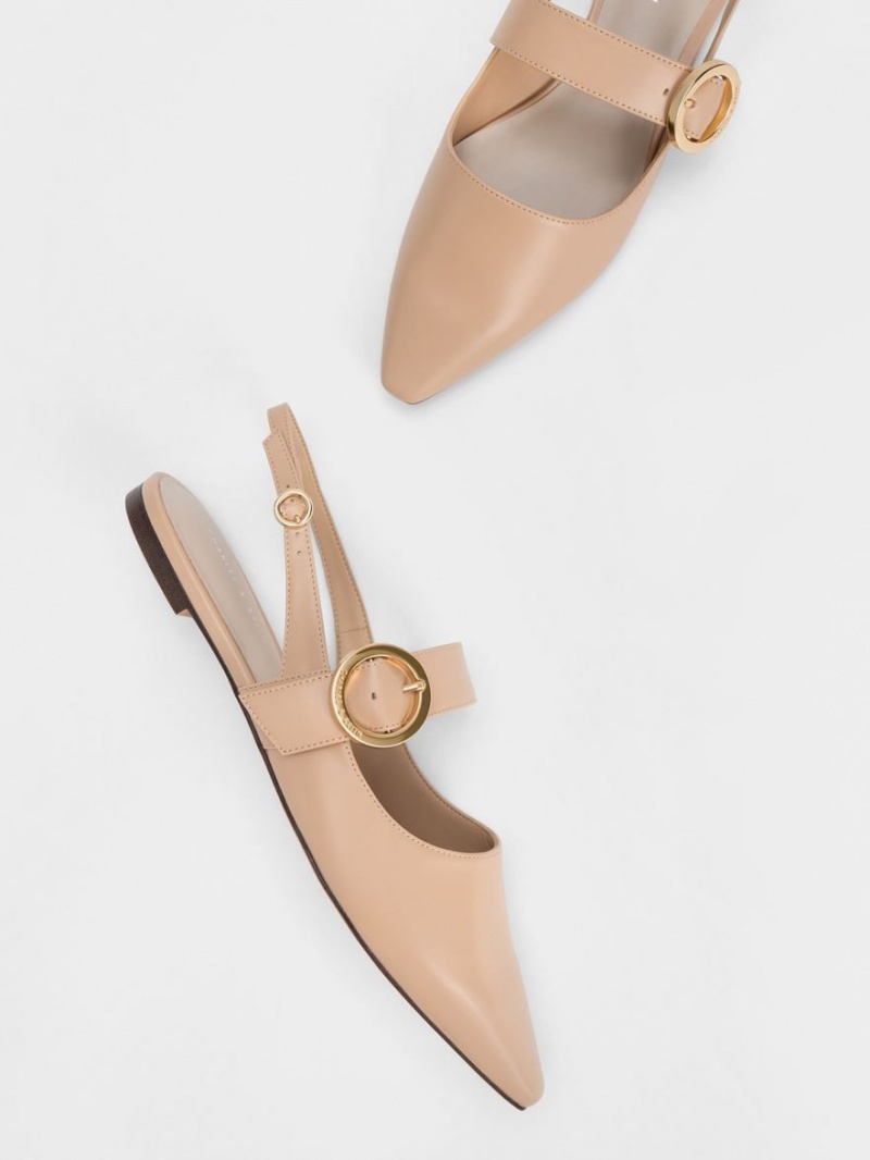 Charles & Keith Buckled Reima Slingback Flate Sko Beige | EGKZC7120