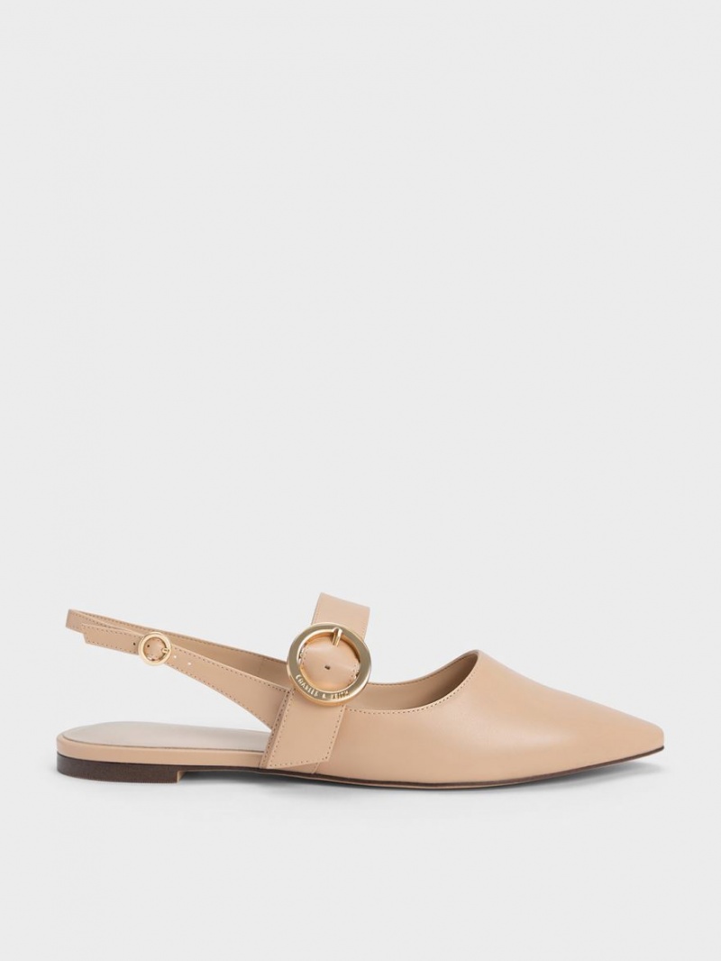 Charles & Keith Buckled Reima Slingback Flate Sko Beige | EGKZC7120