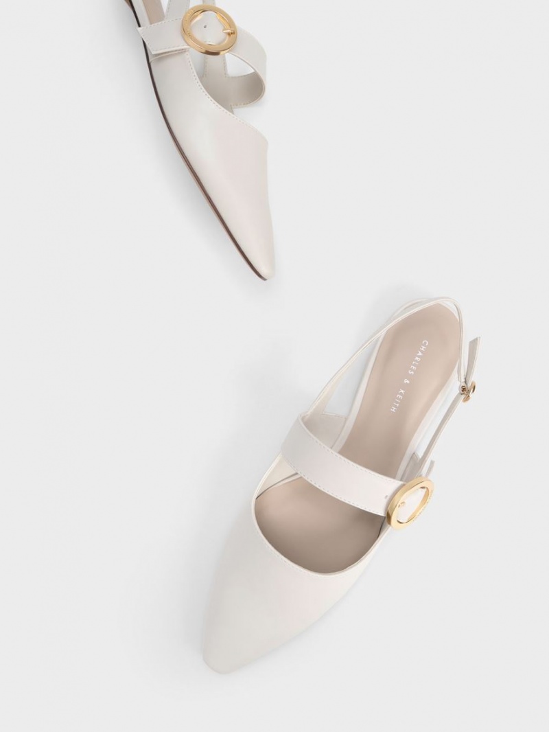 Charles & Keith Buckled Reima Slingback Flate Sko Hvite | MDNEB1648