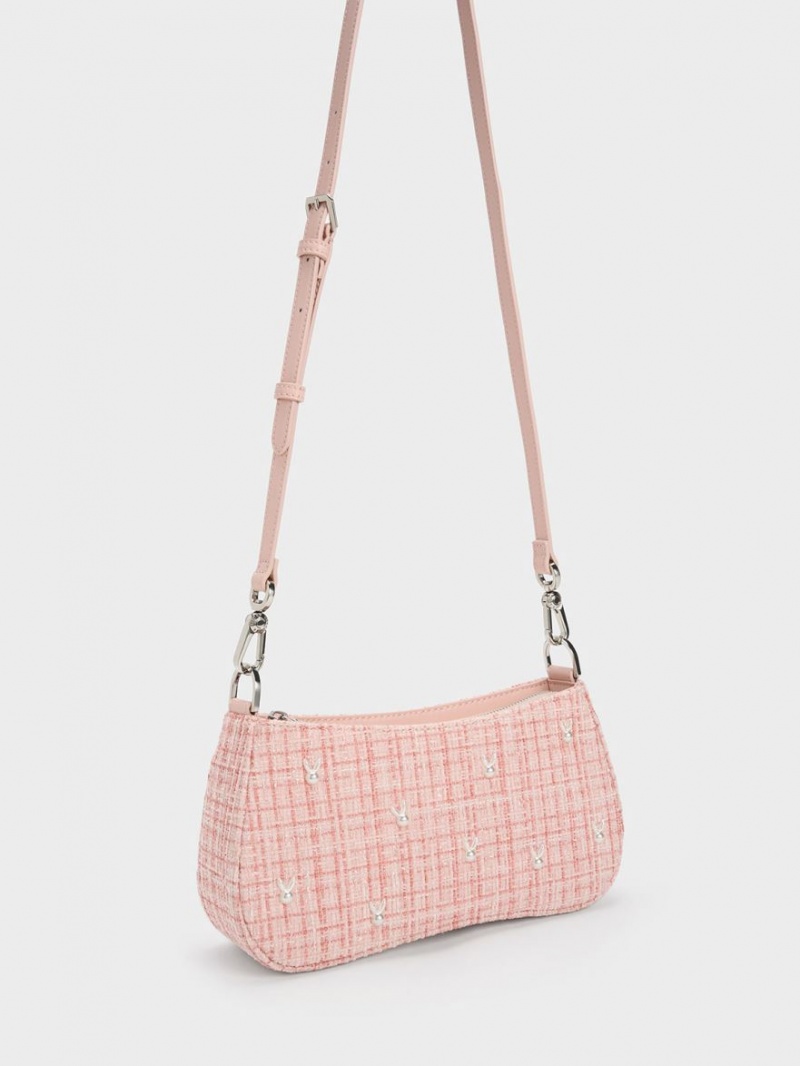 Charles & Keith Bunny Tweed Skulderveske Rosa | PTJHI8409