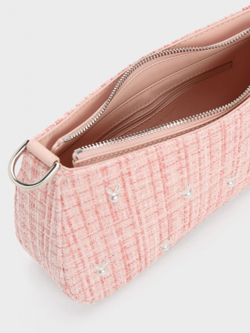 Charles & Keith Bunny Tweed Skulderveske Rosa | PTJHI8409