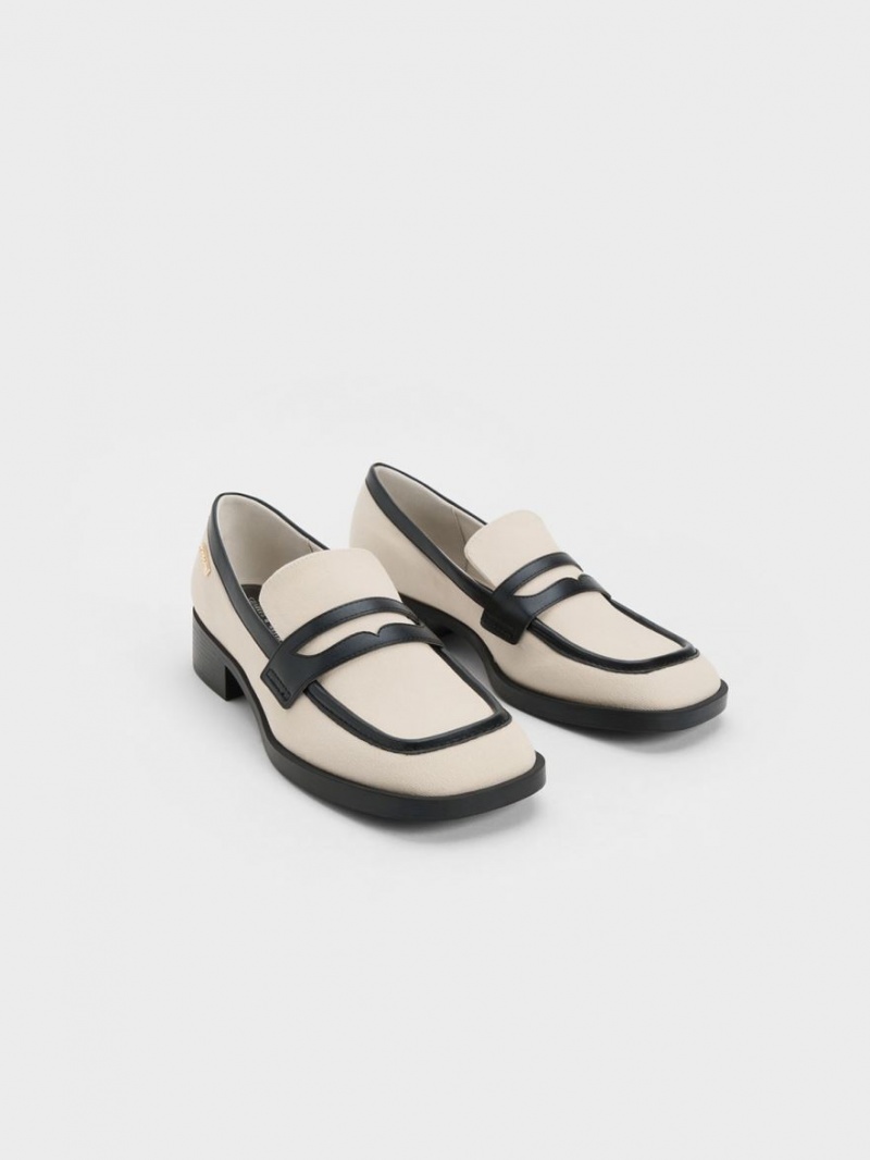 Charles & Keith Canvas Cut-Out Penny Loafers Pisket Krem | WUNYP6483