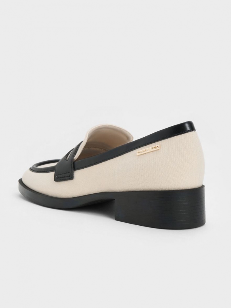 Charles & Keith Canvas Cut-Out Penny Loafers Pisket Krem | WUNYP6483