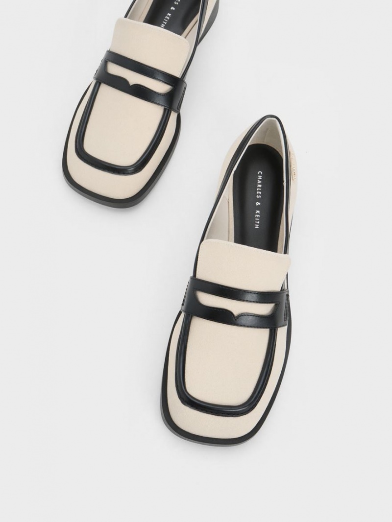 Charles & Keith Canvas Cut-Out Penny Loafers Pisket Krem | WUNYP6483