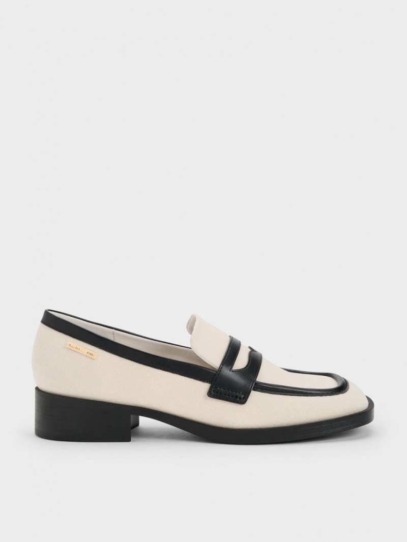 Charles & Keith Canvas Cut-Out Penny Loafers Pisket Krem | WUNYP6483