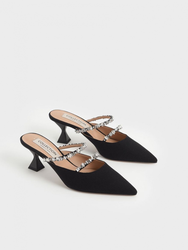 Charles & Keith Canvas Double Gem Reima Mules Sko Svarte | SOJWZ7405