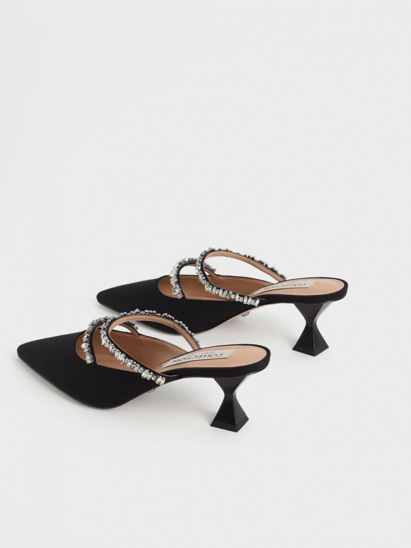 Charles & Keith Canvas Double Gem Reima Mules Sko Svarte | SOJWZ7405