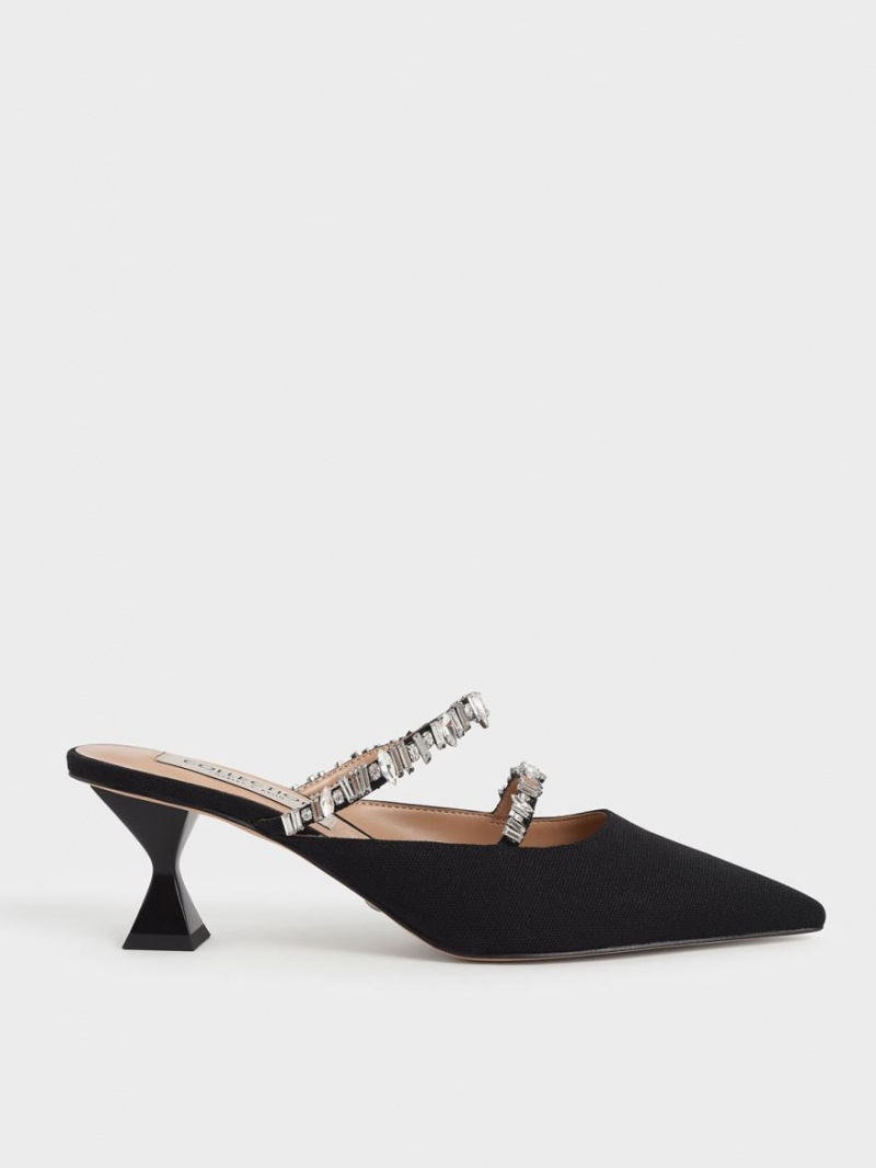 Charles & Keith Canvas Double Gem Reima Mules Sko Svarte | SOJWZ7405