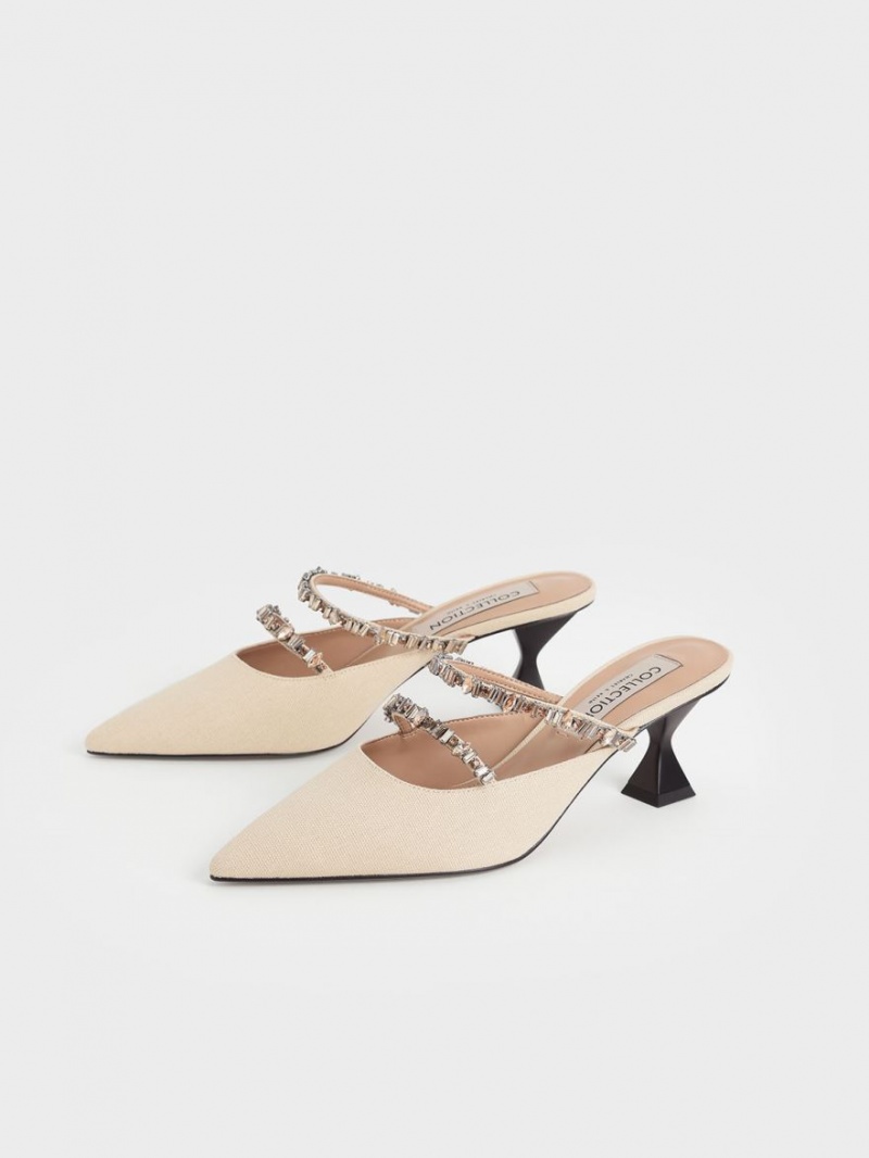 Charles & Keith Canvas Double Gem Reima Mules Sko Beige | SGMPO0798