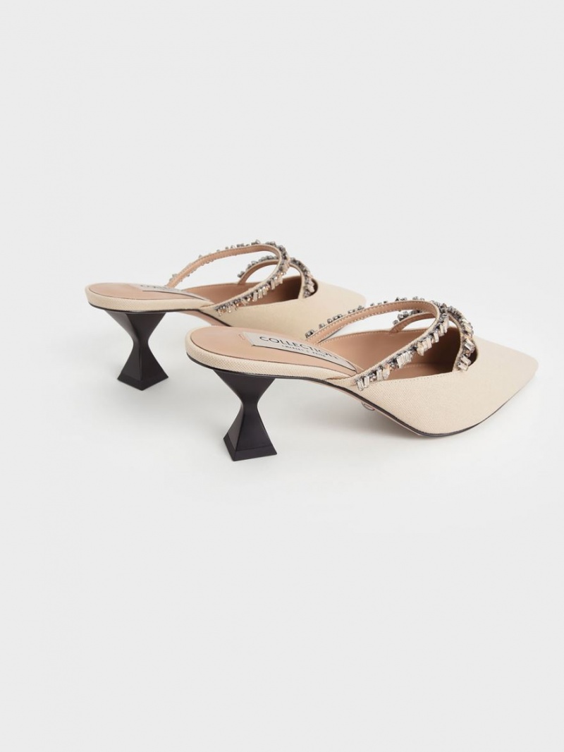 Charles & Keith Canvas Double Gem Reima Mules Sko Beige | SGMPO0798