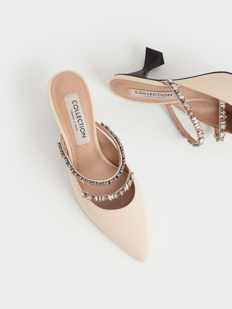 Charles & Keith Canvas Double Gem Reima Mules Sko Beige | SGMPO0798