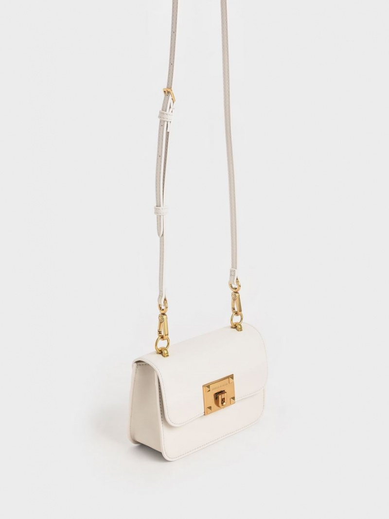 Charles & Keith Canvas Metallic Turn-Lock Skulderveske Hvite | MVPJO7932