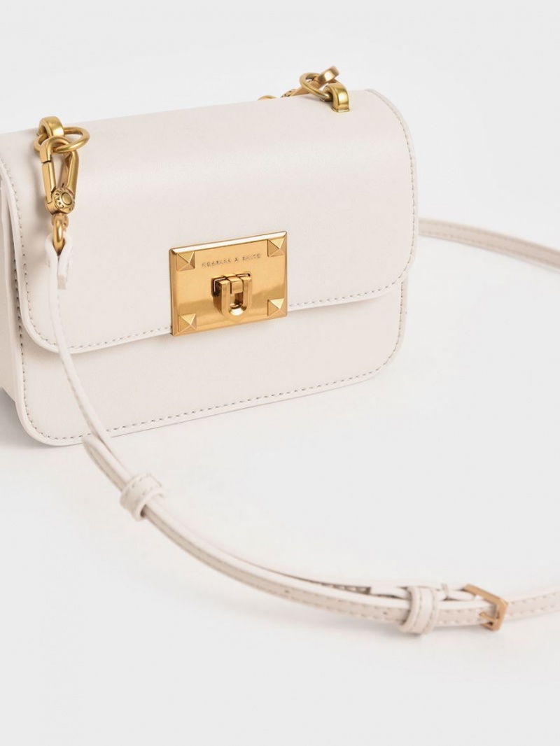 Charles & Keith Canvas Metallic Turn-Lock Skulderveske Hvite | MVPJO7932