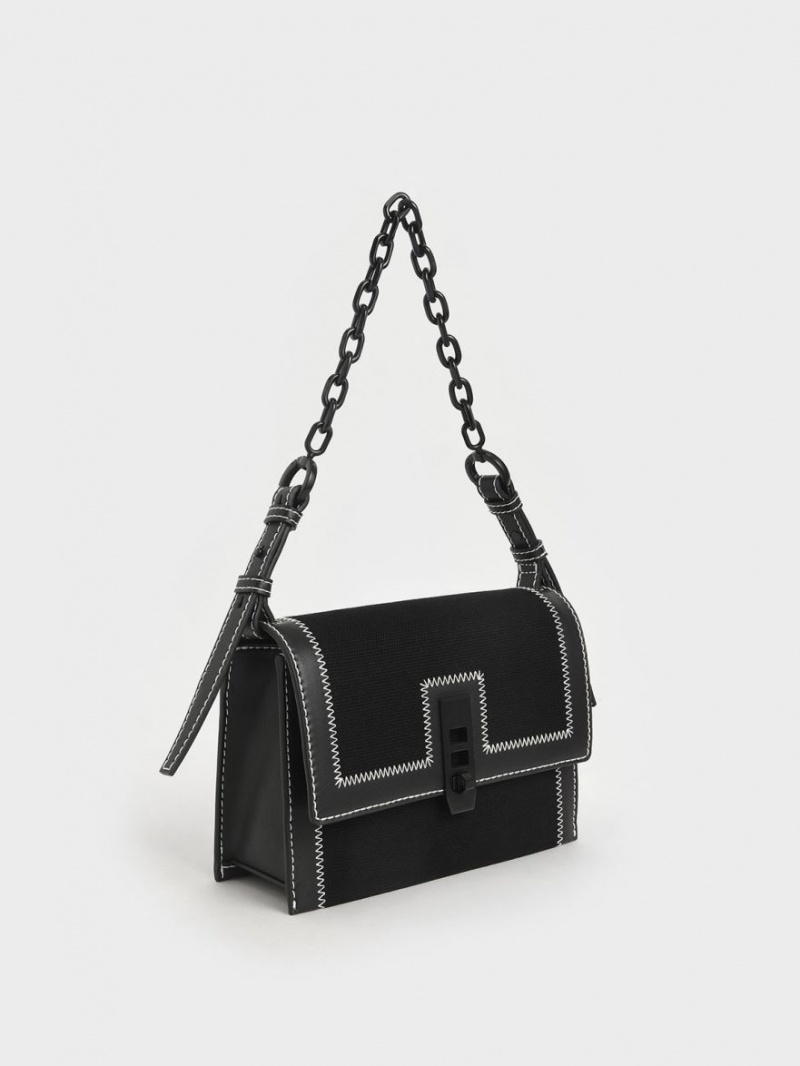 Charles & Keith Canvas Turn-Lock Chain Håndveske Svarte | GZFHR6572