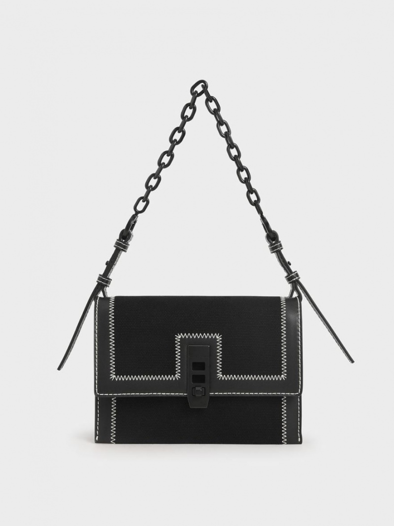 Charles & Keith Canvas Turn-Lock Chain Håndveske Svarte | GZFHR6572