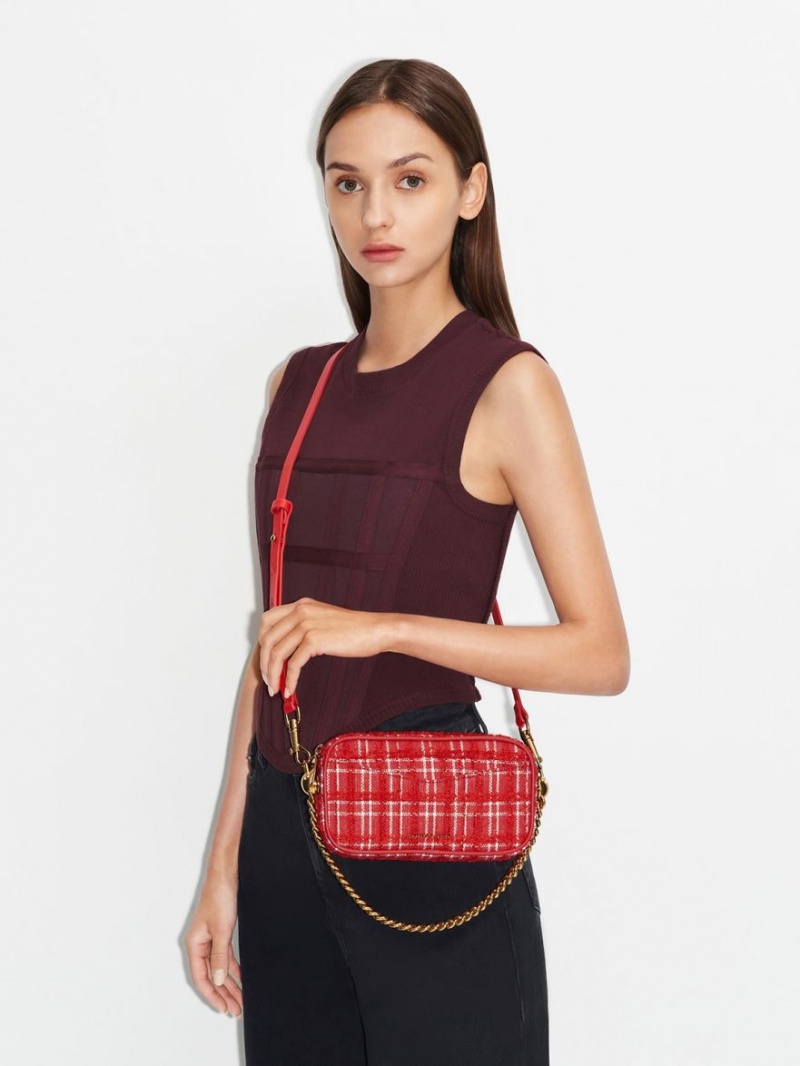 Charles & Keith Cayce Tweed Boxy Crossbody Veske Rød | XLFOH0432