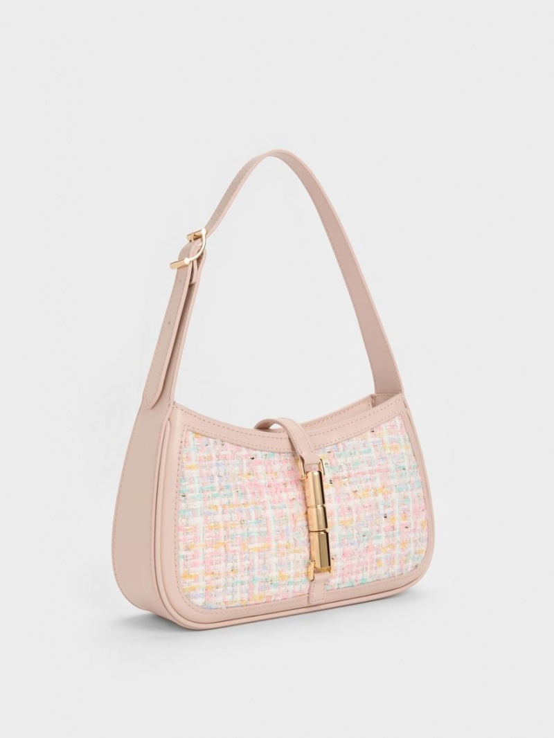 Charles & Keith Cesia Metallic Accent Tweed Skulderveske Rosa | COTYJ4760