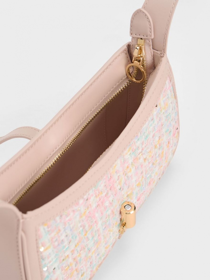 Charles & Keith Cesia Metallic Accent Tweed Skulderveske Rosa | COTYJ4760