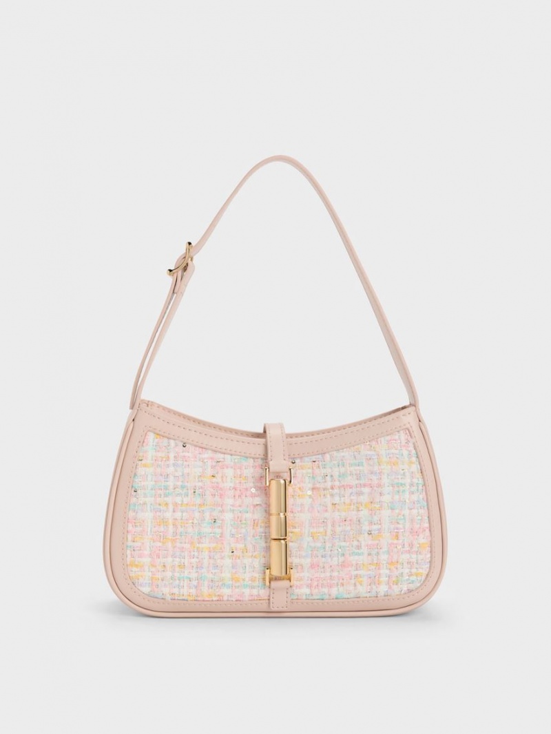 Charles & Keith Cesia Metallic Accent Tweed Skulderveske Rosa | COTYJ4760