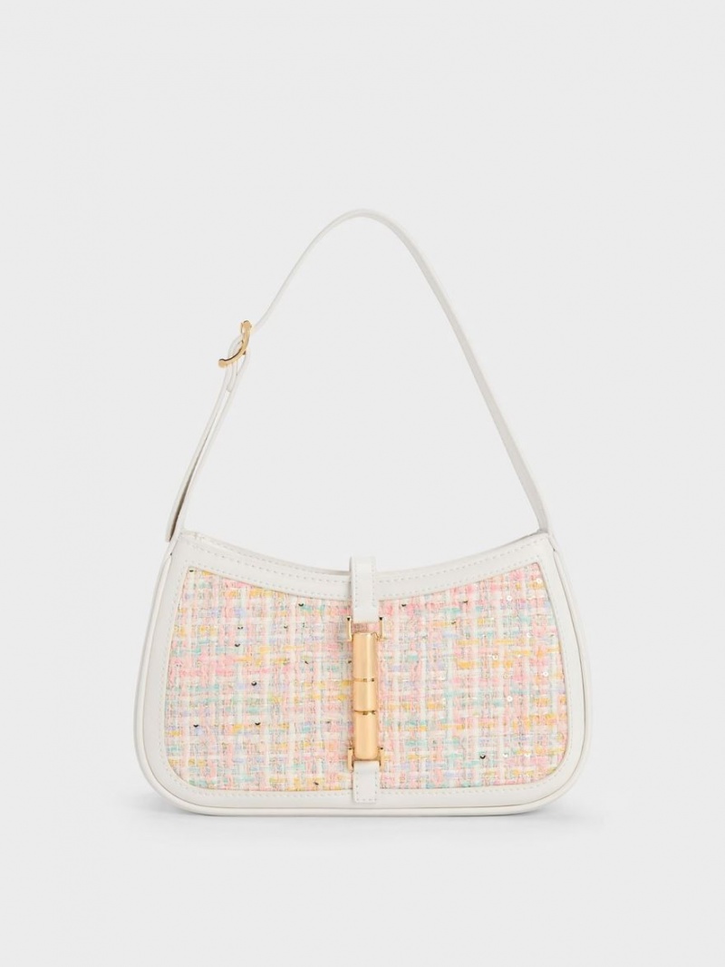 Charles & Keith Cesia Metallic Accent Tweed Skulderveske Rosa | XZABG3840