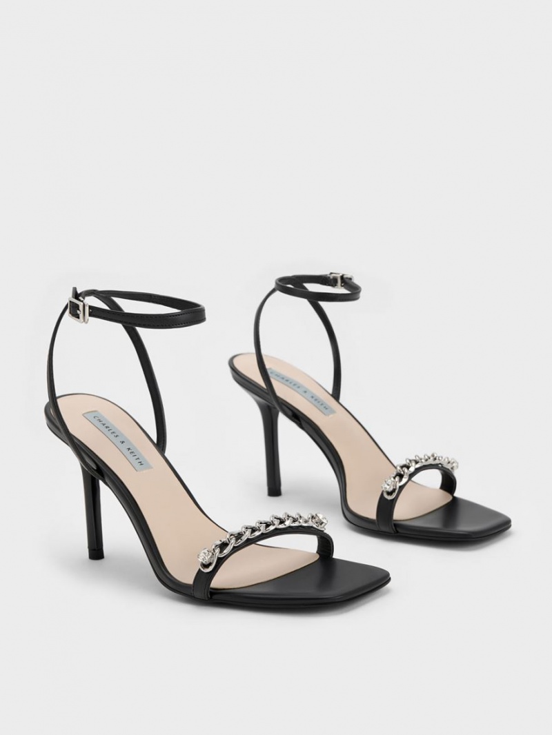 Charles & Keith Chain-Embellished Ankle Sandaler Med Reim Svarte | NYKUP3819