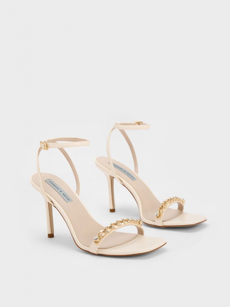 Charles & Keith Chain-Embellished Ankle Sandaler Med Reim Pisket Krem | NSFHC1683