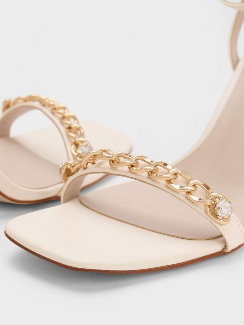 Charles & Keith Chain-Embellished Ankle Sandaler Med Reim Pisket Krem | NSFHC1683