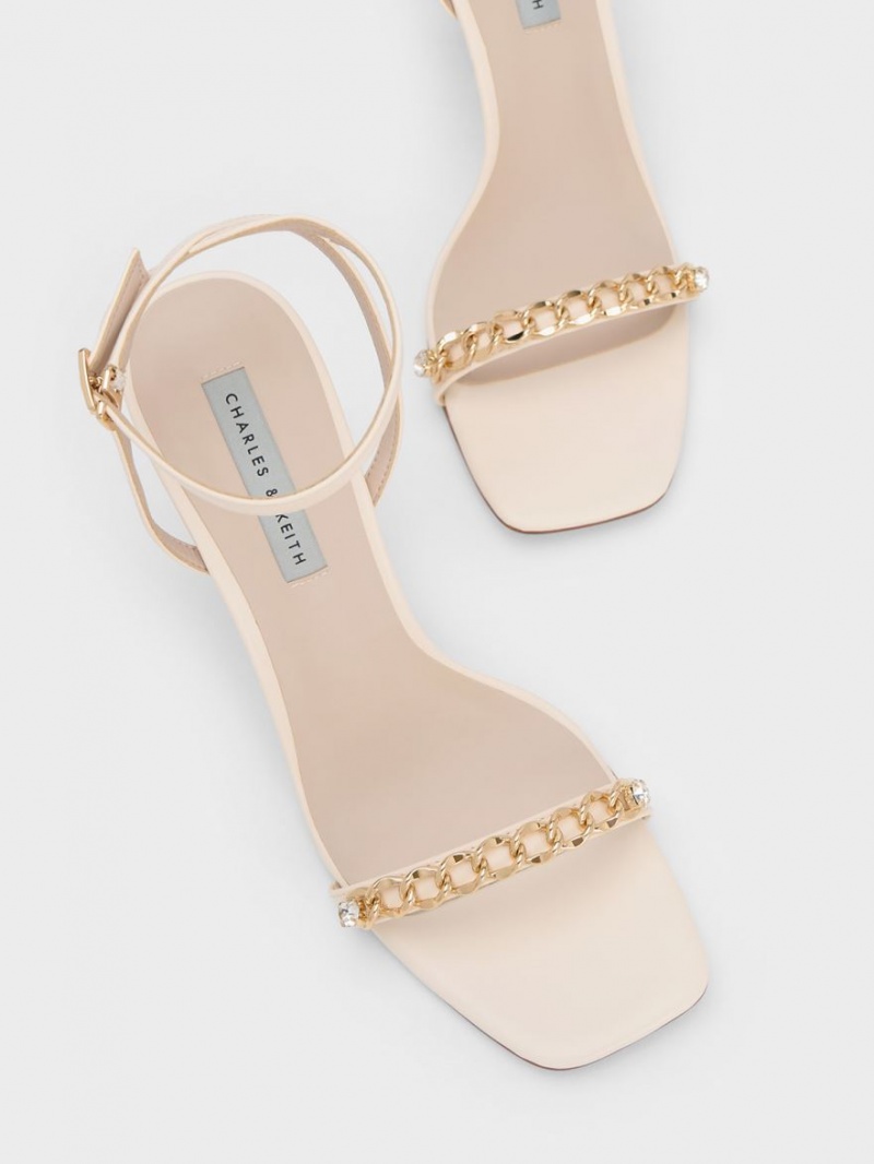 Charles & Keith Chain-Embellished Ankle Sandaler Med Reim Pisket Krem | NSFHC1683