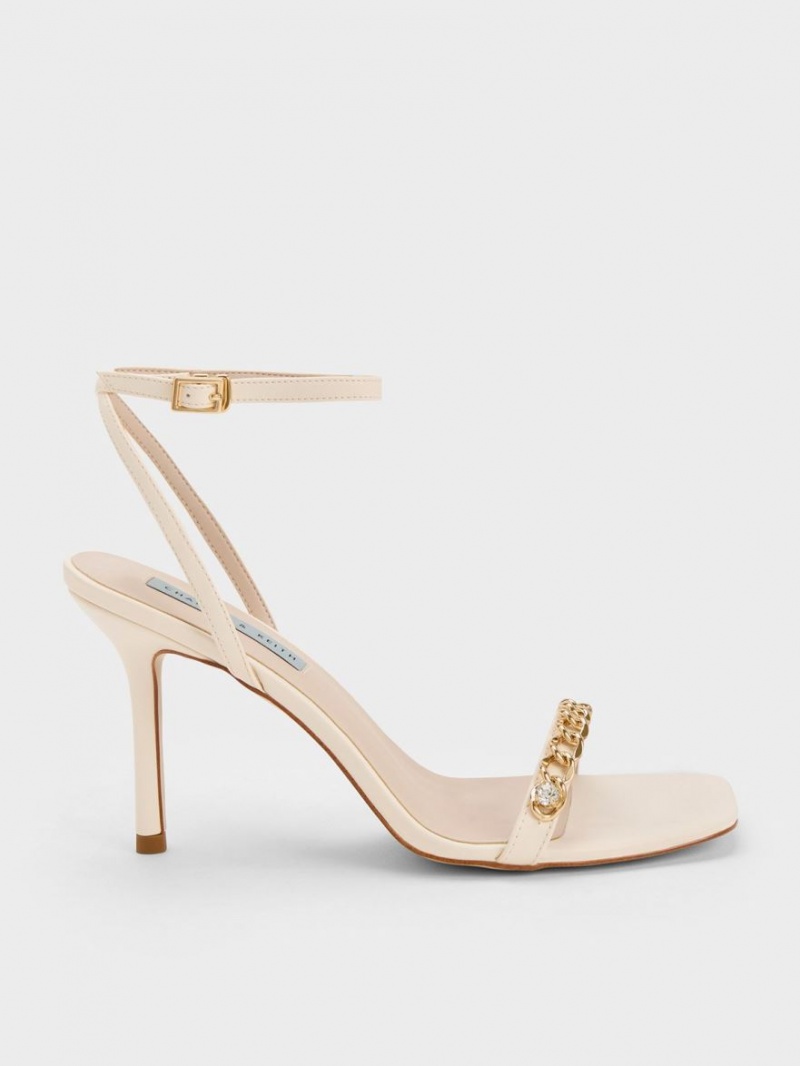 Charles & Keith Chain-Embellished Ankle Sandaler Med Reim Pisket Krem | NSFHC1683