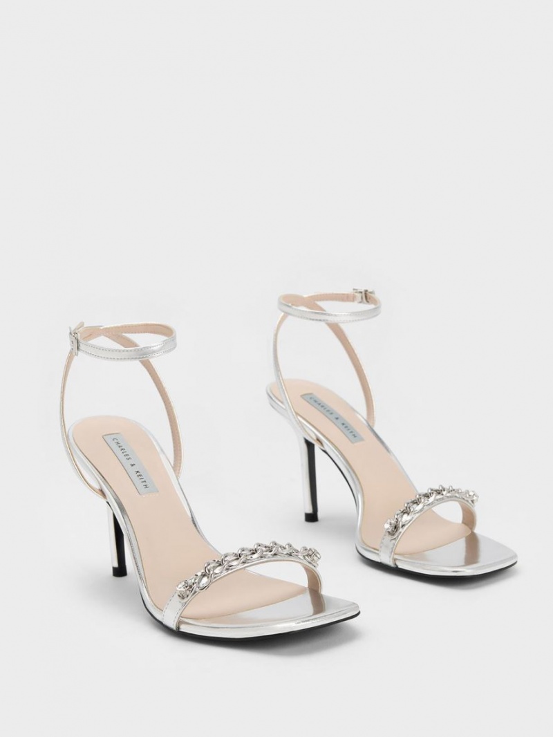 Charles & Keith Chain-Embellished Metallic Ankle Sandaler Med Reim Sølv | XTJZF4013