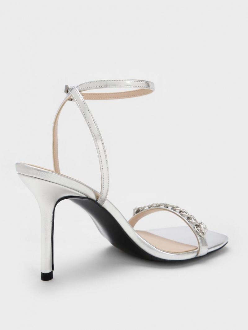 Charles & Keith Chain-Embellished Metallic Ankle Sandaler Med Reim Sølv | XTJZF4013