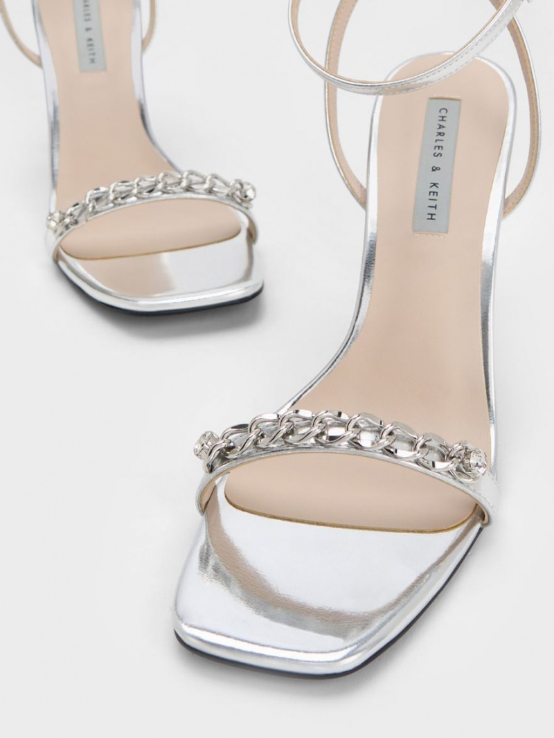 Charles & Keith Chain-Embellished Metallic Ankle Sandaler Med Reim Sølv | XTJZF4013