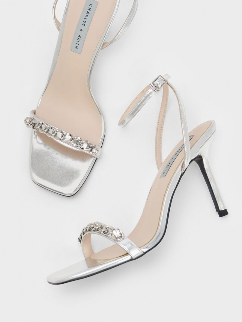 Charles & Keith Chain-Embellished Metallic Ankle Sandaler Med Reim Sølv | XTJZF4013