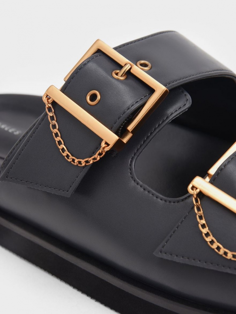 Charles & Keith Chain-Link Buckled Slidesandaler Mørke Blå | XWJOZ5317